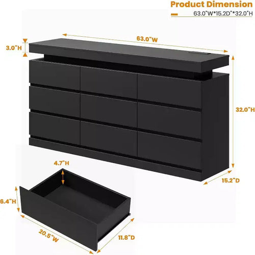 Cassettiera moderna 63" in bianco e nero a 9 cassetti con luci LED e stazione di ricarica