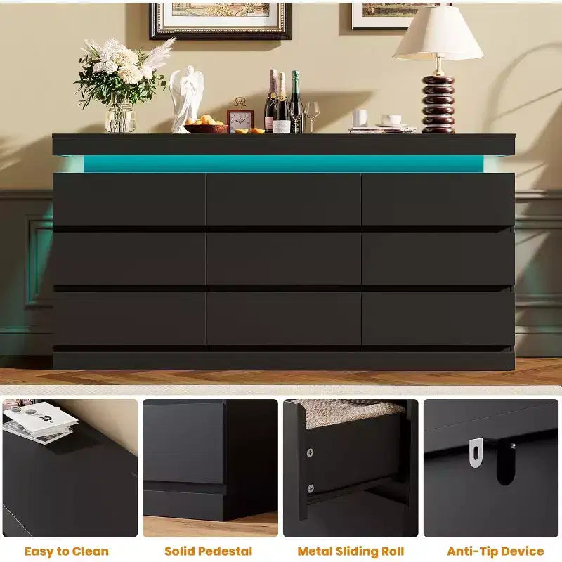 Cassettiera moderna 63" in bianco e nero a 9 cassetti con luci LED e stazione di ricarica