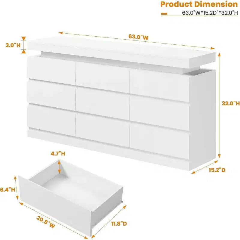 Cassettiera moderna 63" in bianco e nero a 9 cassetti con luci LED e stazione di ricarica