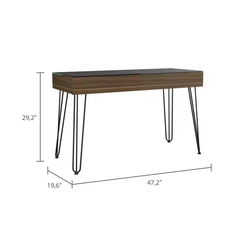 Scrivania industriale con piano in vetro nero e gambe a forcina, 1 persona