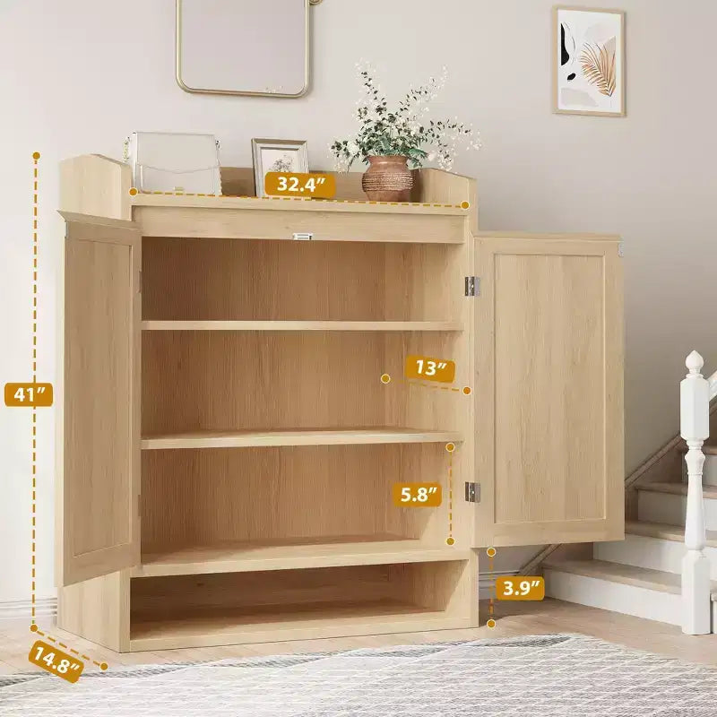 Scarpiera a 2 ante, 5 ripiani regolabili, colore nero/legno, capacità 16 paia