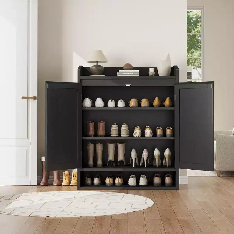 Scarpiera a 2 ante, 5 ripiani regolabili, colore nero/legno, capacità 16 paia