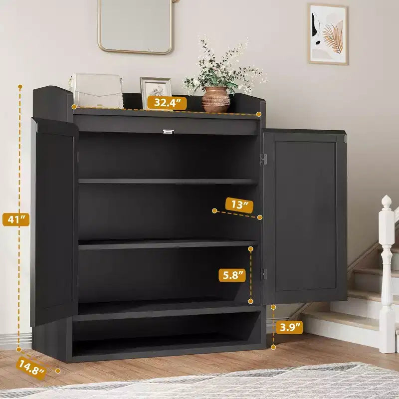 Scarpiera a 2 ante, 5 ripiani regolabili, colore nero/legno, capacità 16 paia