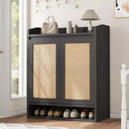 Scarpiera a 2 ante, 5 ripiani regolabili, colore nero/legno, capacità 16 paia