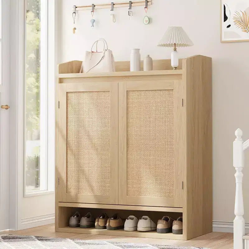 Scarpiera a 2 ante, 5 ripiani regolabili, colore nero/legno, capacità 16 paia