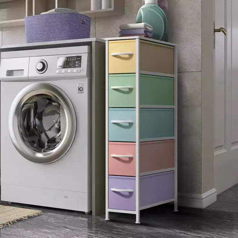 Comò stretto a 5 cassetti con struttura in acciaio e cassetti in tessuto – Multicolore, singolo