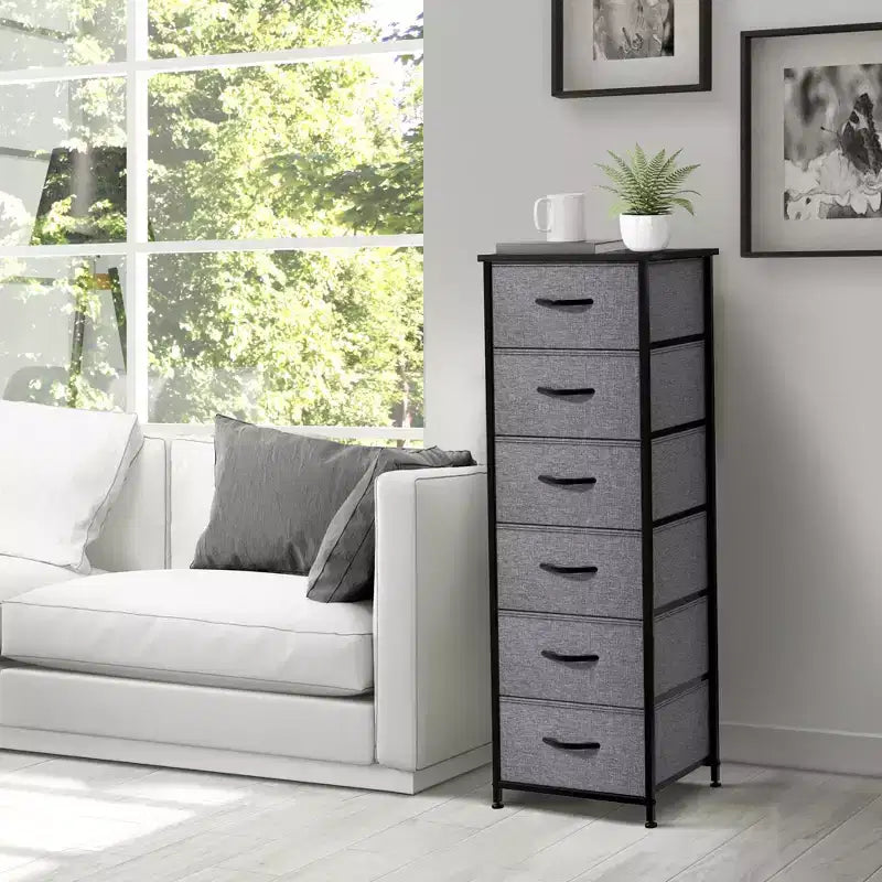 Comodino a 6 cassetti in tessuto con struttura in acciaio e piano in legno – Multicolore, Singolo