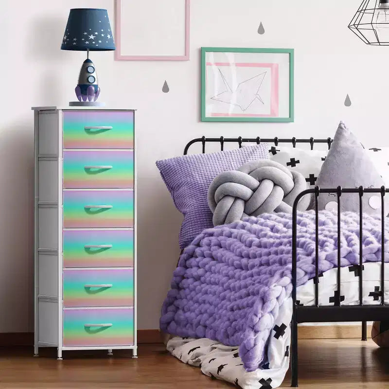 Comodino a 6 cassetti in tessuto con struttura in acciaio e piano in legno – Multicolore, Singolo