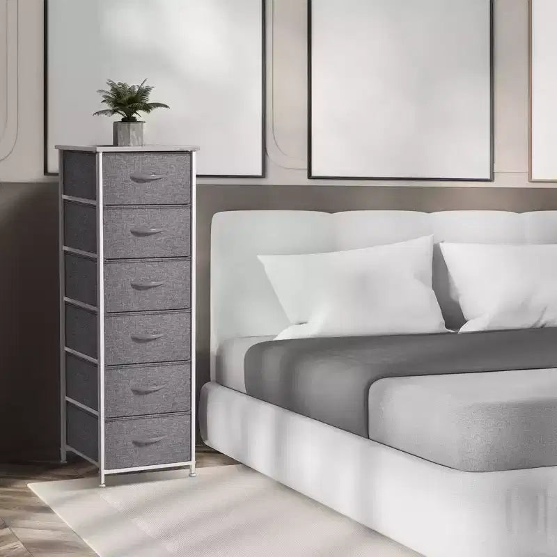 Comodino a 6 cassetti in tessuto con struttura in acciaio e piano in legno – Multicolore, Singolo
