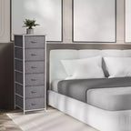 Comodino a 6 cassetti in tessuto con struttura in acciaio e piano in legno – Multicolore, Singolo
