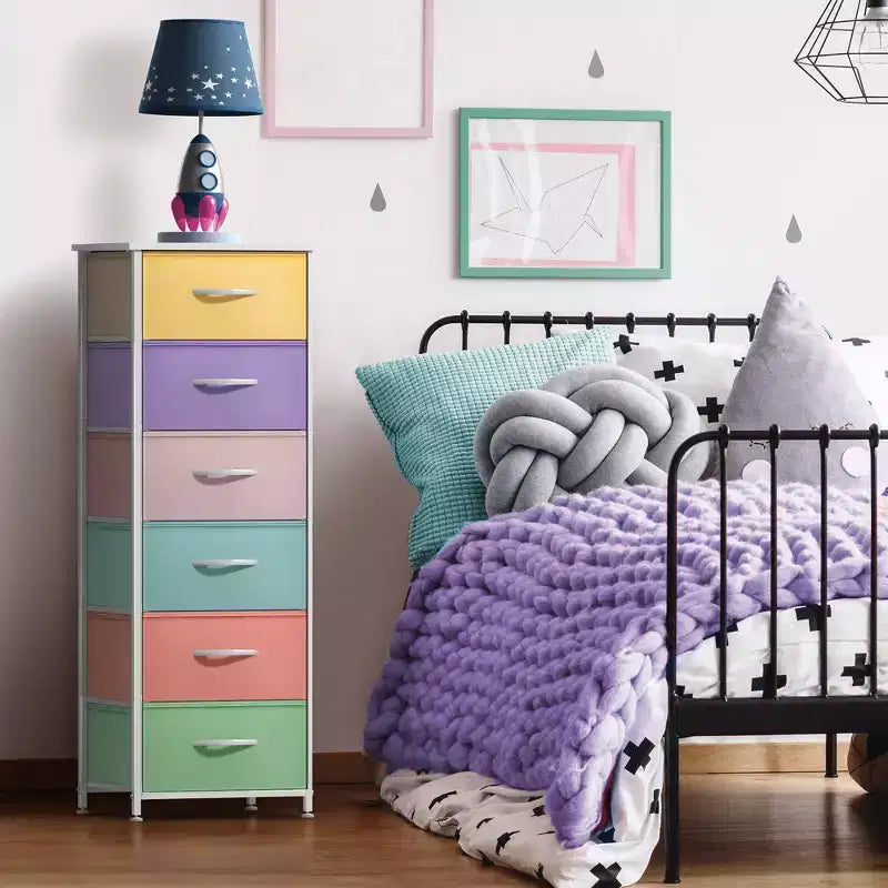 Comodino a 6 cassetti in tessuto con struttura in acciaio e piano in legno – Multicolore, Singolo