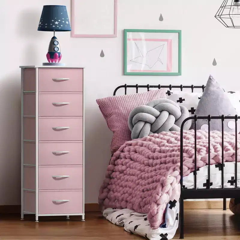 Comodino a 6 cassetti in tessuto con struttura in acciaio e piano in legno – Multicolore, Singolo