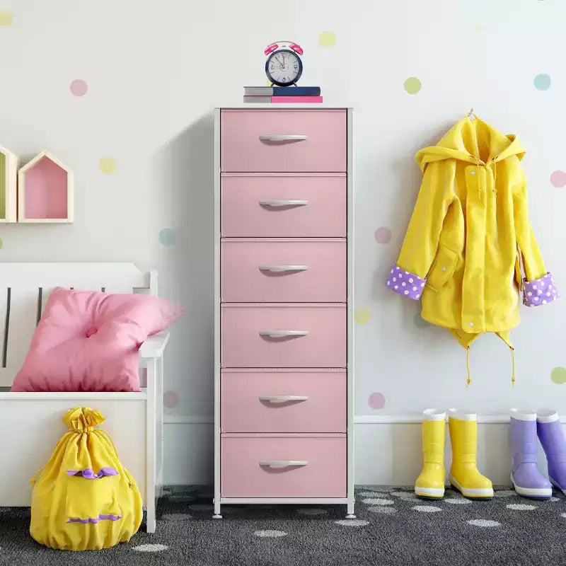 Comodino a 6 cassetti in tessuto con struttura in acciaio e piano in legno – Multicolore, Singolo