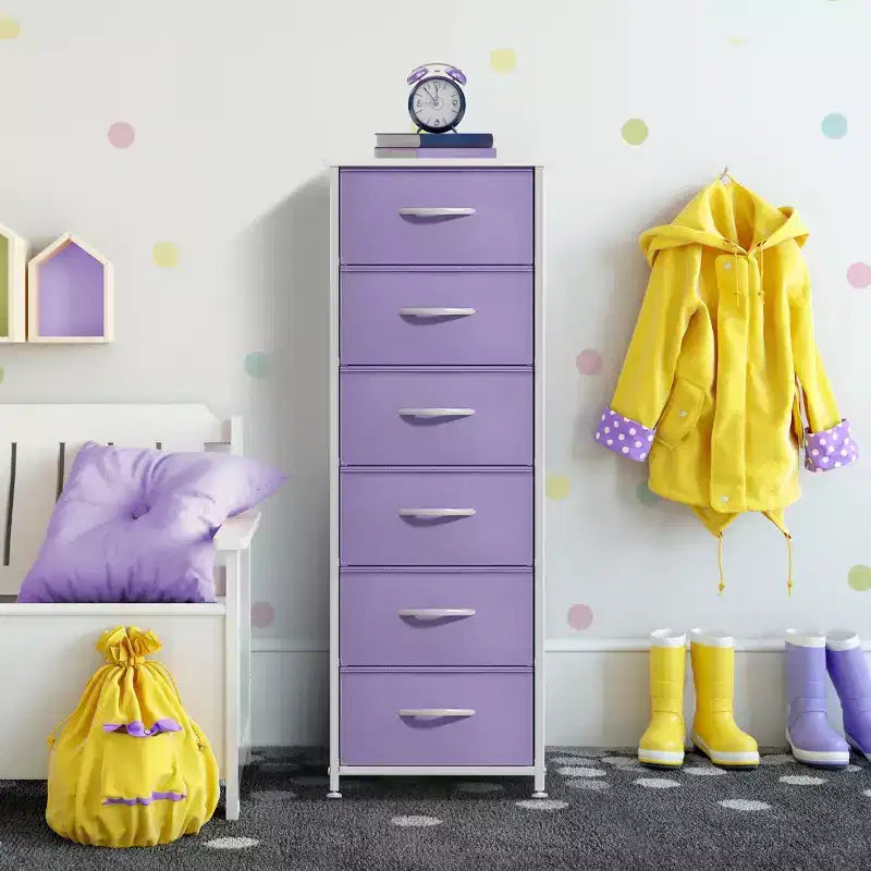 Comodino a 6 cassetti in tessuto con struttura in acciaio e piano in legno – Multicolore, Singolo
