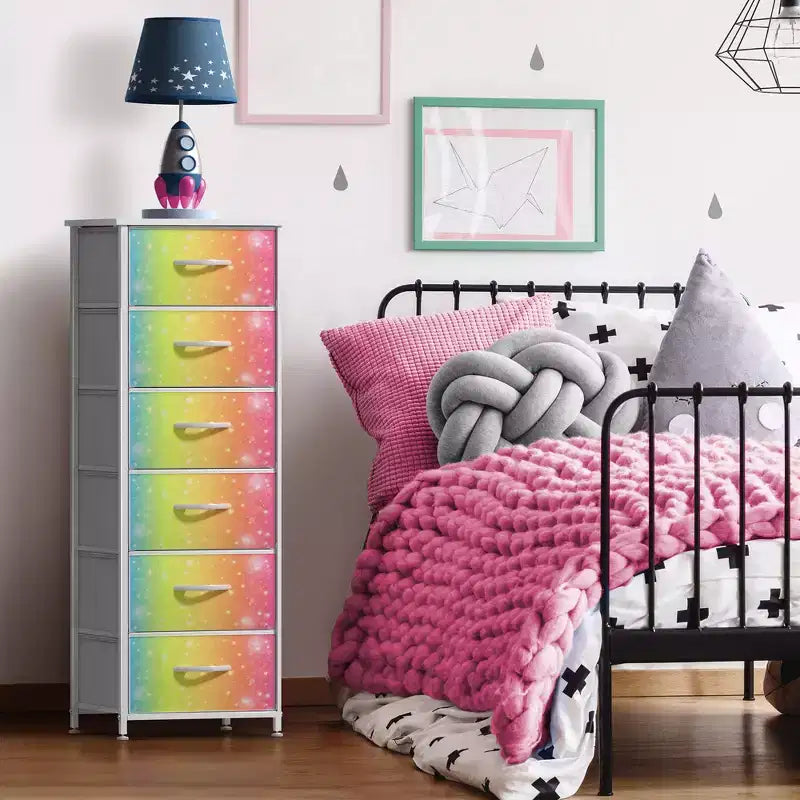Comodino a 6 cassetti in tessuto con struttura in acciaio e piano in legno – Multicolore, Singolo