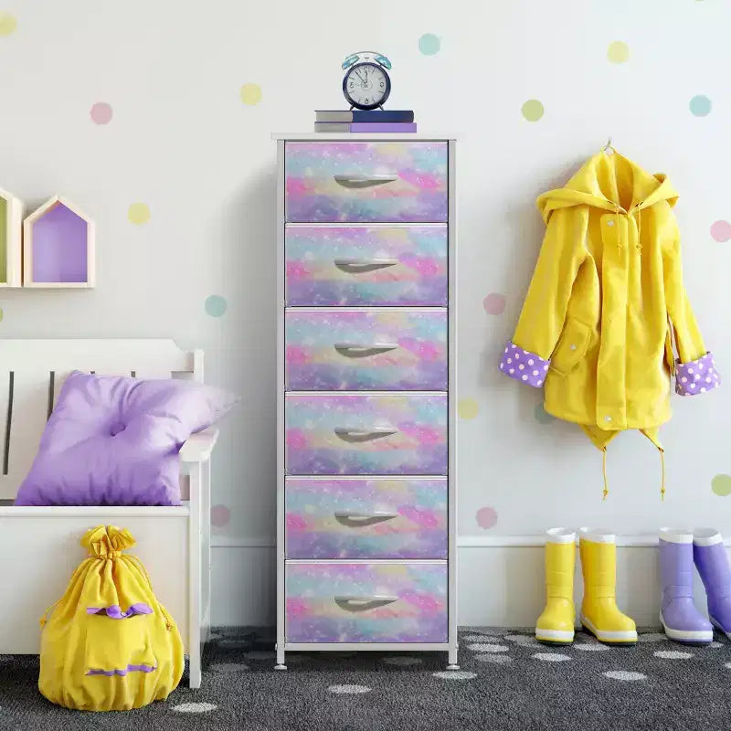 Comodino a 6 cassetti in tessuto con struttura in acciaio e piano in legno – Multicolore, Singolo