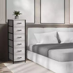 Comodino a 6 cassetti in tessuto con struttura in acciaio e piano in legno – Multicolore, Singolo