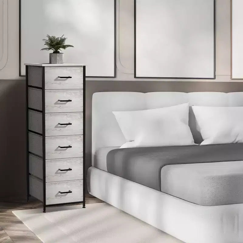 Comodino a 6 cassetti in tessuto con struttura in acciaio e piano in legno – Multicolore, Singolo