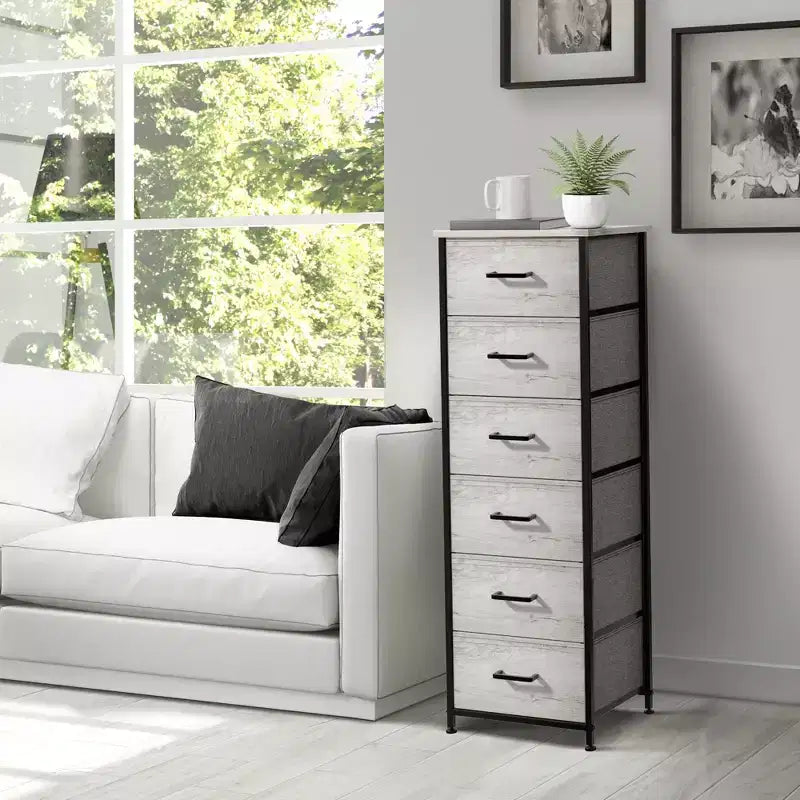 Comodino a 6 cassetti in tessuto con struttura in acciaio e piano in legno – Multicolore, Singolo