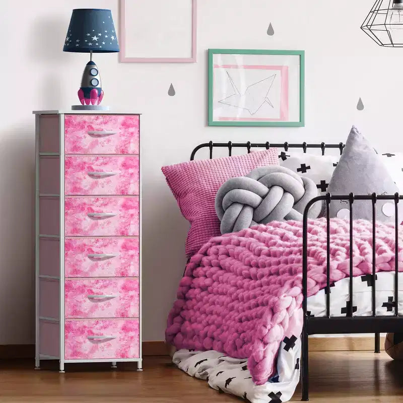 Comodino a 6 cassetti in tessuto con struttura in acciaio e piano in legno – Multicolore, Singolo