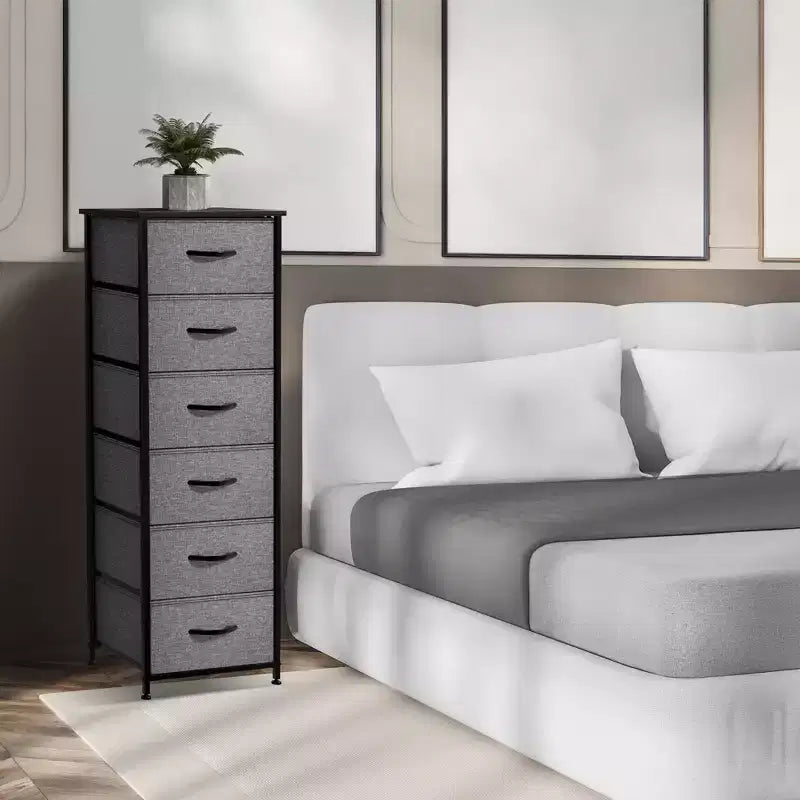 Comodino a 6 cassetti in tessuto con struttura in acciaio e piano in legno – Multicolore, Singolo