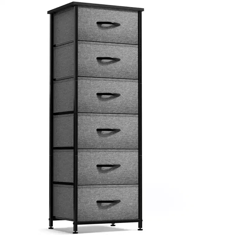 Comodino a 6 cassetti in tessuto con struttura in acciaio e piano in legno – Multicolore, Singolo