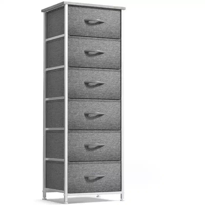 Comodino a 6 cassetti in tessuto con struttura in acciaio e piano in legno – Multicolore, Singolo