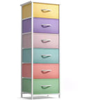 Comodino a 6 cassetti in tessuto con struttura in acciaio e piano in legno – Multicolore, Singolo