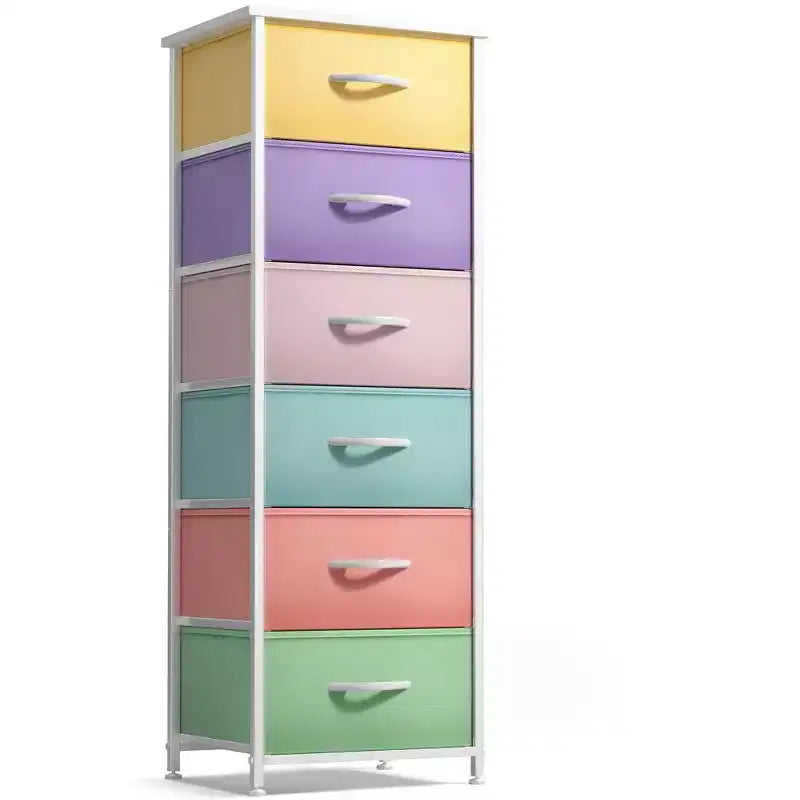 Comodino a 6 cassetti in tessuto con struttura in acciaio e piano in legno – Multicolore, Singolo