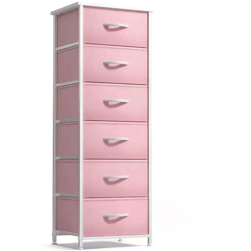 Comodino a 6 cassetti in tessuto con struttura in acciaio e piano in legno – Multicolore, Singolo