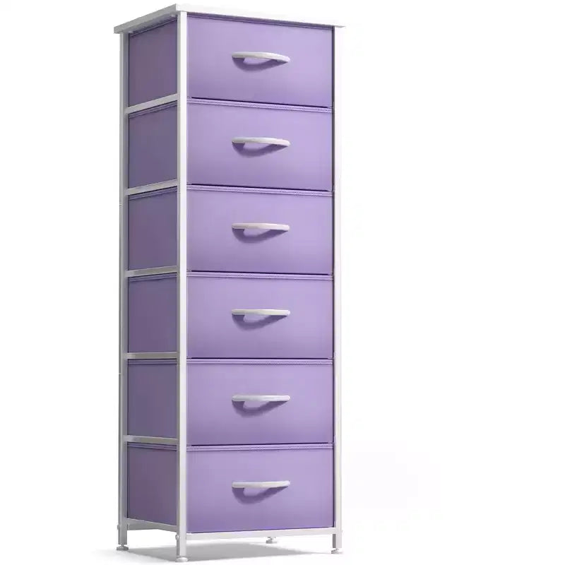 Comodino a 6 cassetti in tessuto con struttura in acciaio e piano in legno – Multicolore, Singolo