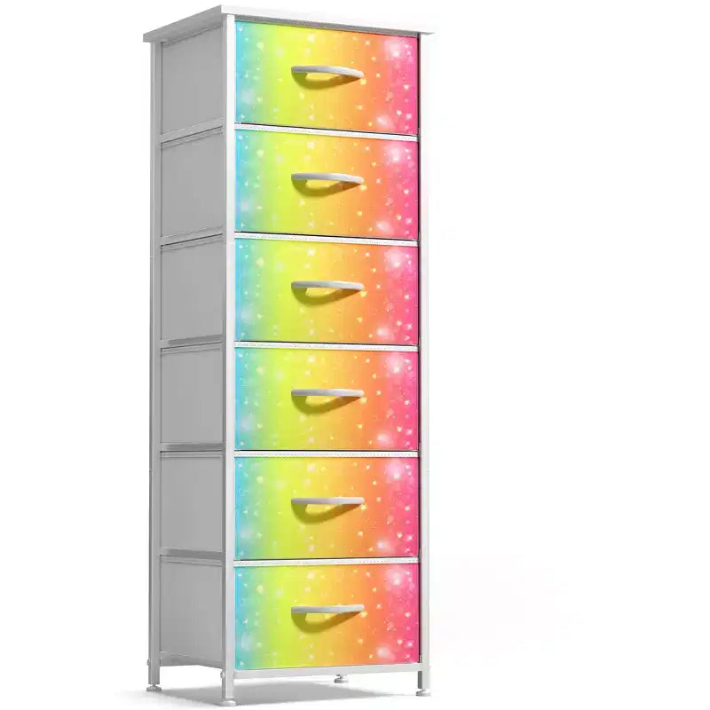 Comodino a 6 cassetti in tessuto con struttura in acciaio e piano in legno – Multicolore, Singolo