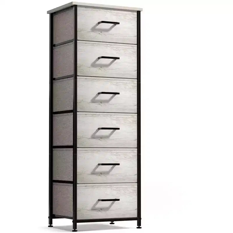Comodino a 6 cassetti in tessuto con struttura in acciaio e piano in legno – Multicolore, Singolo