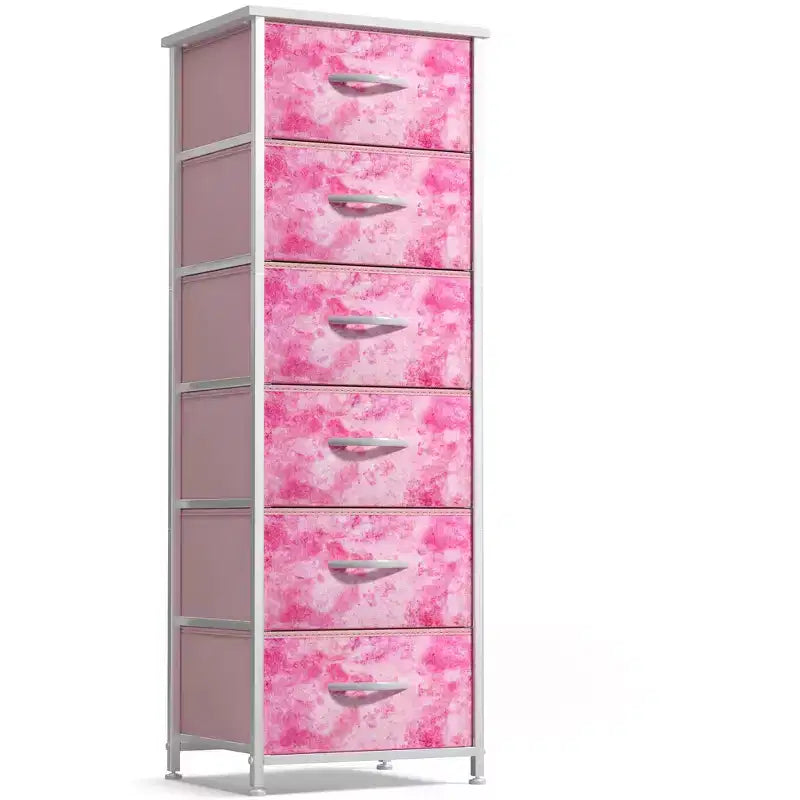 Comodino a 6 cassetti in tessuto con struttura in acciaio e piano in legno – Multicolore, Singolo