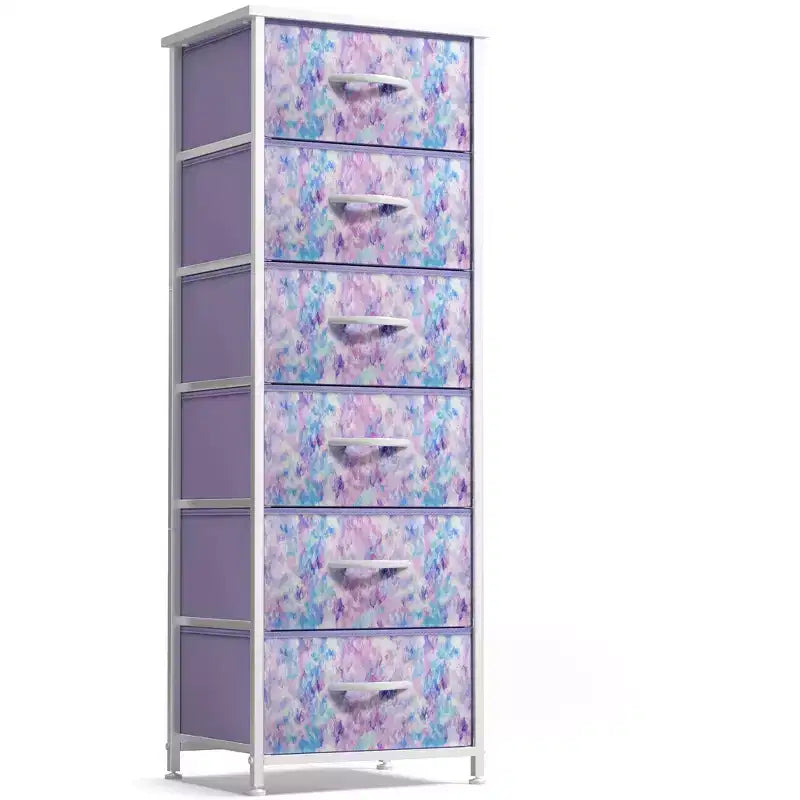 Comodino a 6 cassetti in tessuto con struttura in acciaio e piano in legno – Multicolore, Singolo