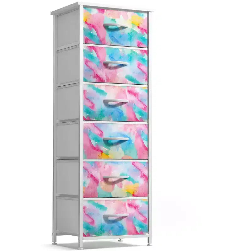 Comodino a 6 cassetti in tessuto con struttura in acciaio e piano in legno – Multicolore, Singolo