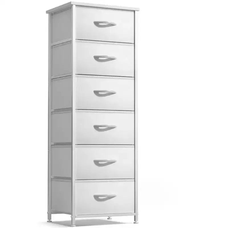 Comodino a 6 cassetti in tessuto con struttura in acciaio e piano in legno – Multicolore, Singolo
