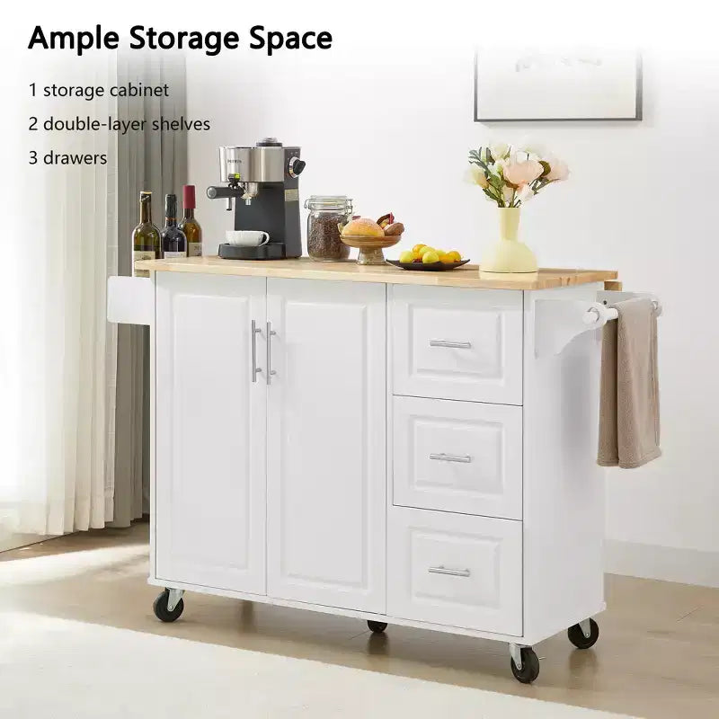 Carrello da cucina con isola a ribalta marrone/bianco retrò con 3 cassetti e armadietto a 2 ante