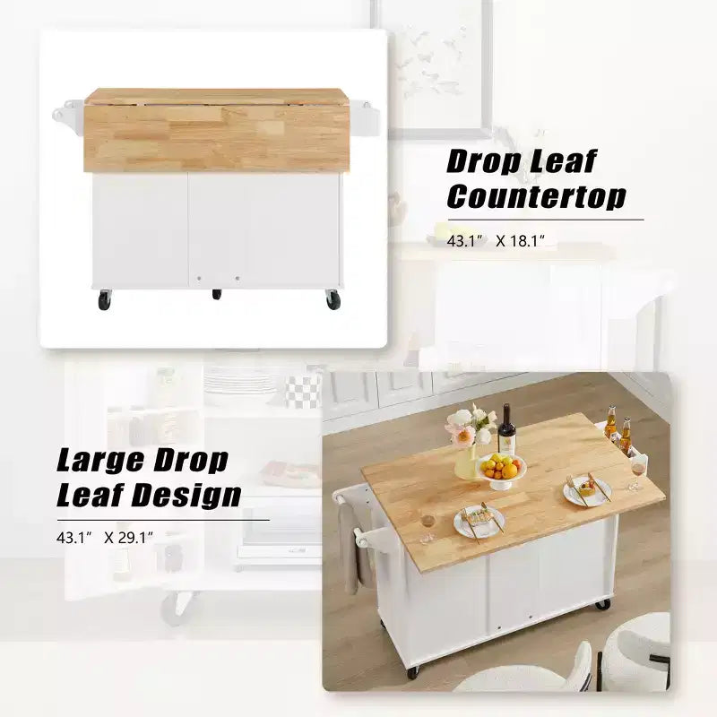 Carrello da cucina con isola a ribalta marrone/bianco retrò con 3 cassetti e armadietto a 2 ante