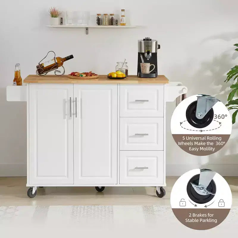 Carrello da cucina con isola a ribalta marrone/bianco retrò con 3 cassetti e armadietto a 2 ante