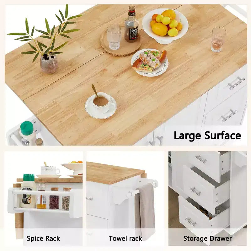 Carrello da cucina con isola a ribalta marrone/bianco retrò con 3 cassetti e armadietto a 2 ante