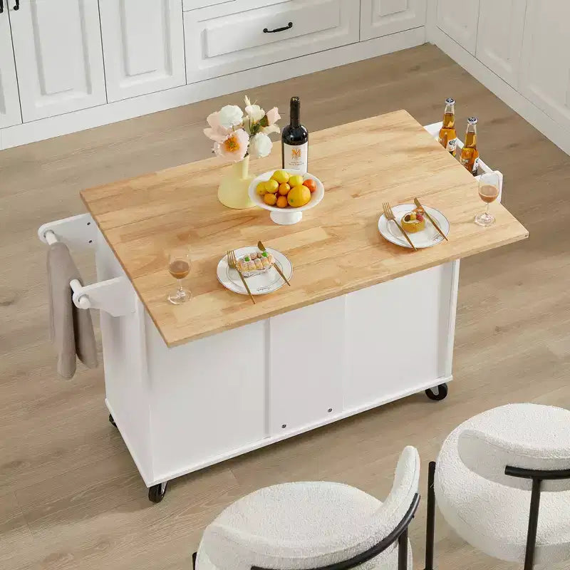 Carrello da cucina con isola a ribalta marrone/bianco retrò con 3 cassetti e armadietto a 2 ante
