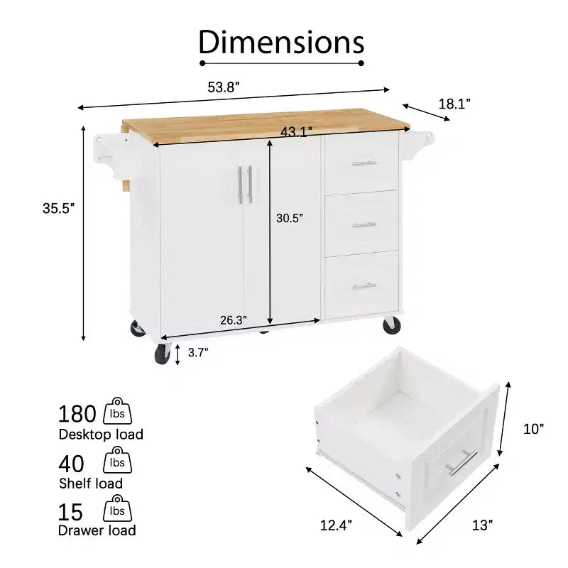 Carrello da cucina con isola a ribalta marrone/bianco retrò con 3 cassetti e armadietto a 2 ante