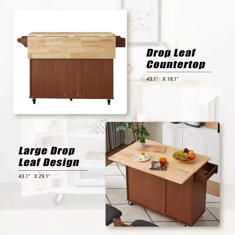 Carrello da cucina con isola a ribalta marrone/bianco retrò con 3 cassetti e armadietto a 2 ante
