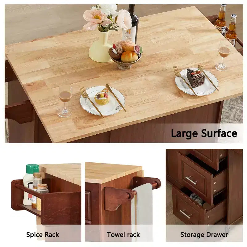 Carrello da cucina con isola a ribalta marrone/bianco retrò con 3 cassetti e armadietto a 2 ante