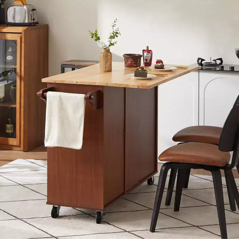 Carrello da cucina con isola a ribalta marrone/bianco retrò con 3 cassetti e armadietto a 2 ante