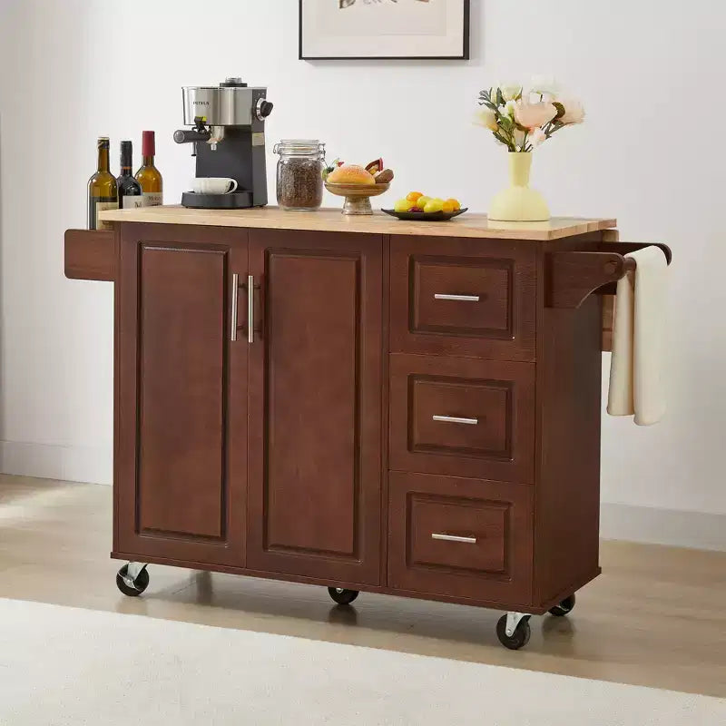 Carrello da cucina con isola a ribalta marrone/bianco retrò con 3 cassetti e armadietto a 2 ante