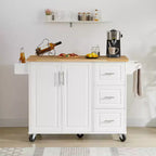Carrello da cucina con isola a ribalta marrone/bianco retrò con 3 cassetti e armadietto a 2 ante