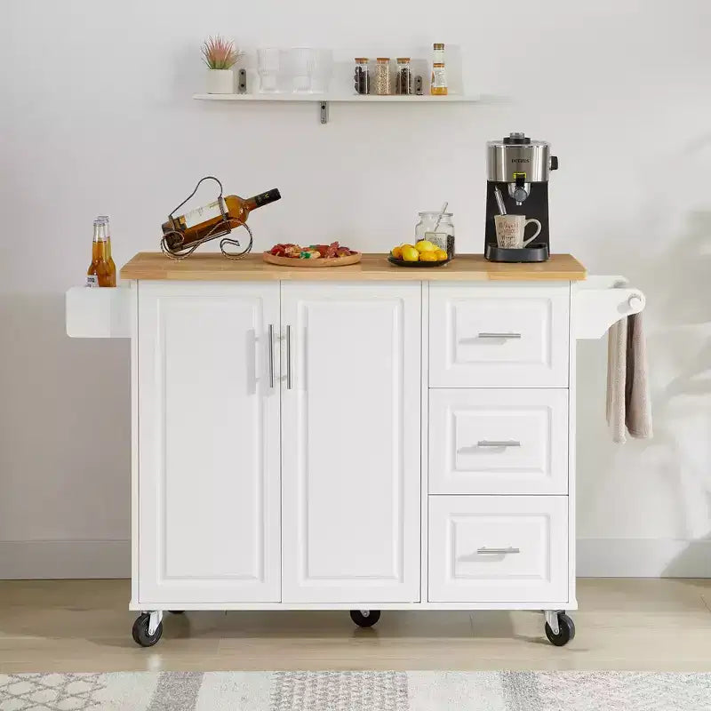 Carrello da cucina con isola a ribalta marrone/bianco retrò con 3 cassetti e armadietto a 2 ante