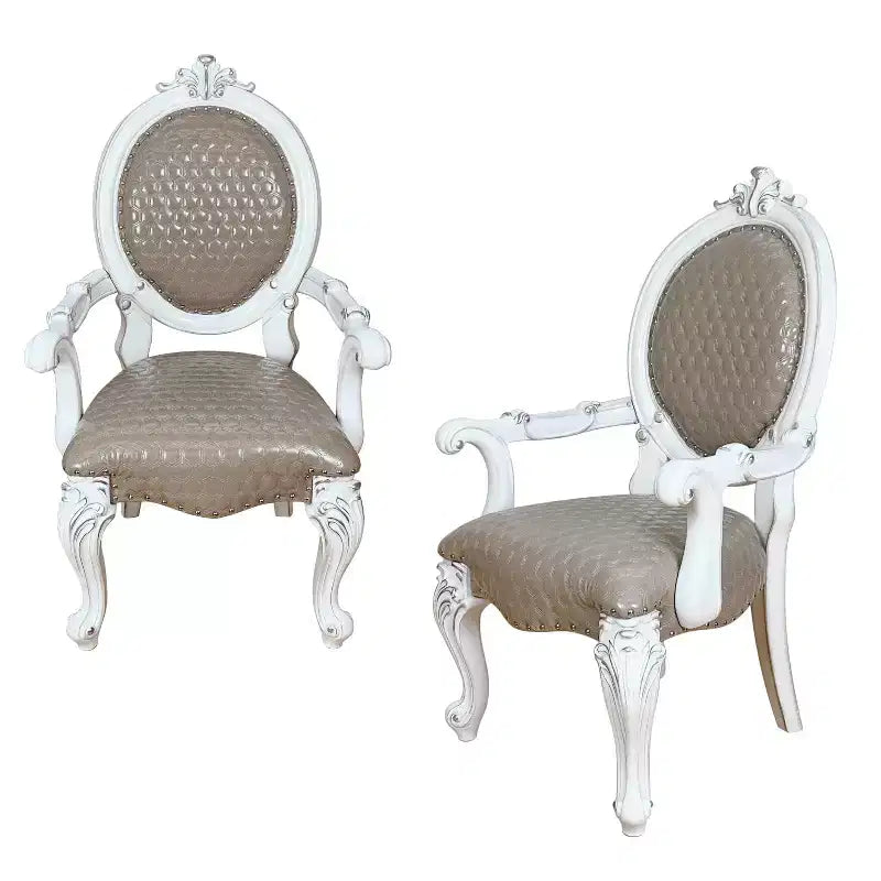 HomeRoots Set of Two Gray and White Upholstered Faux Leather And Solid Wood King Louis Back Dining Arm Chairs
